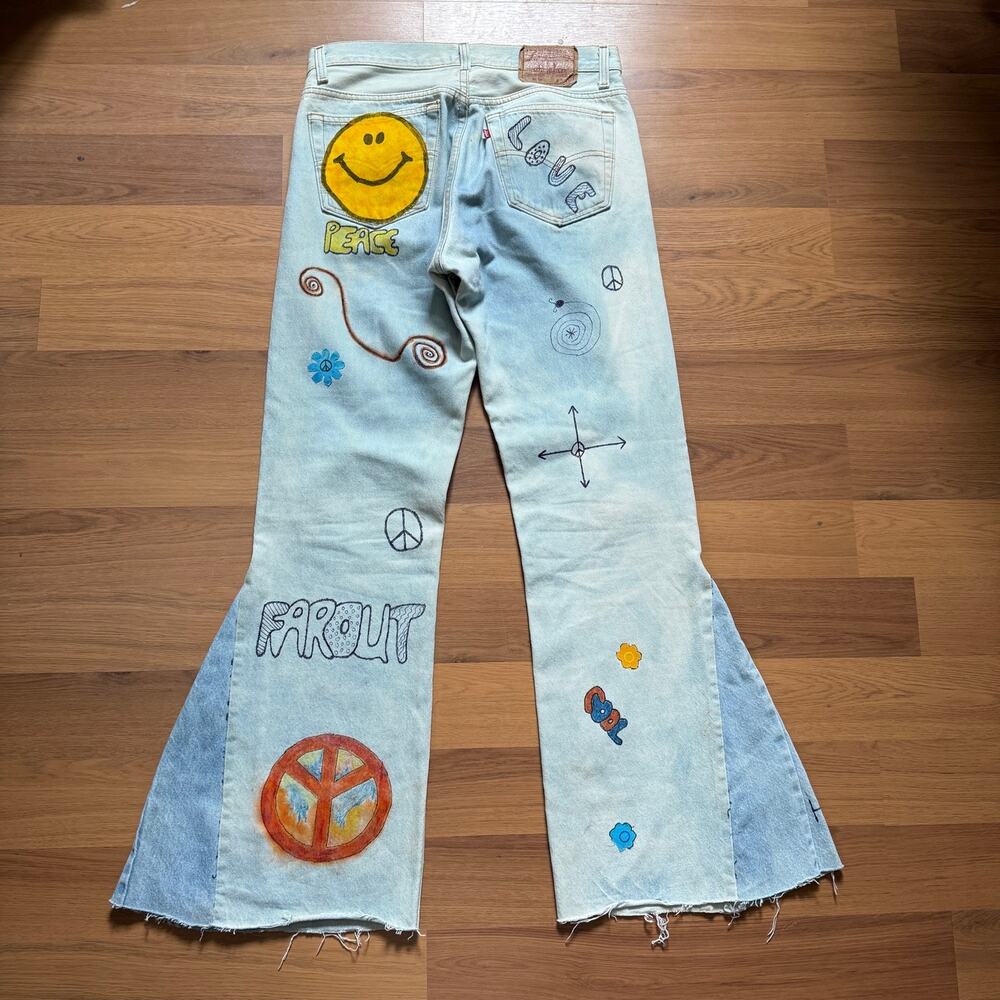 Vintage 80's Levis 501 Button Fly Custom Flared Bell Bottoms Jeans Sz 32 x 31